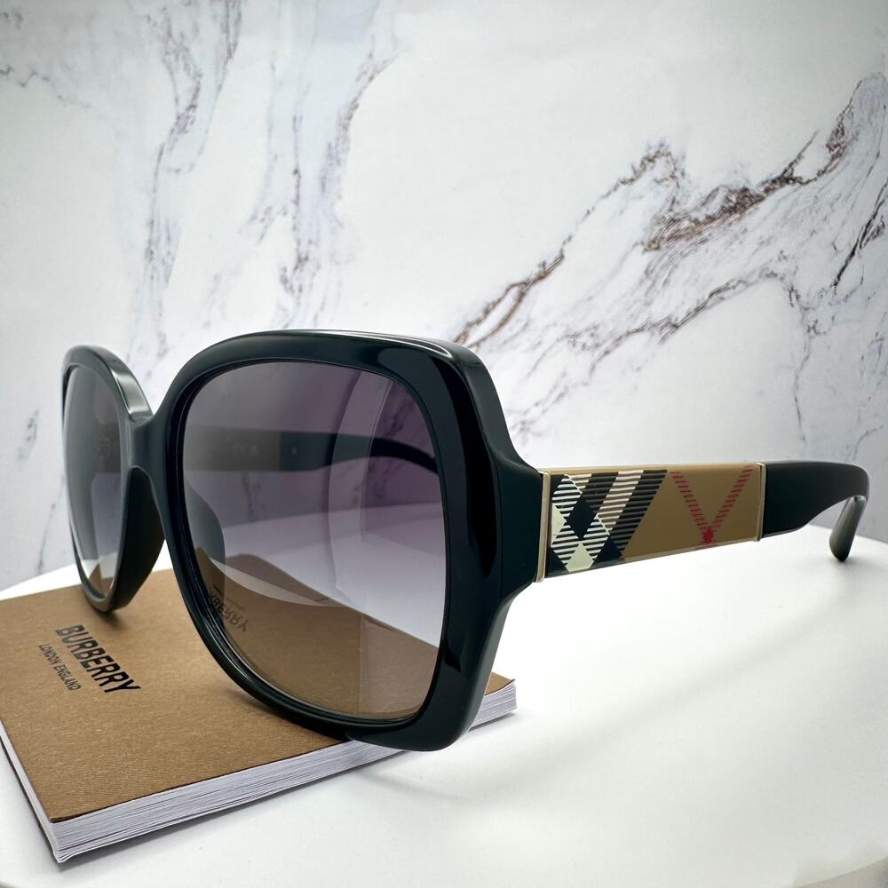 New Burberry Sunglasses Black Square Frames Checkered Arms Gradient BURBERRY